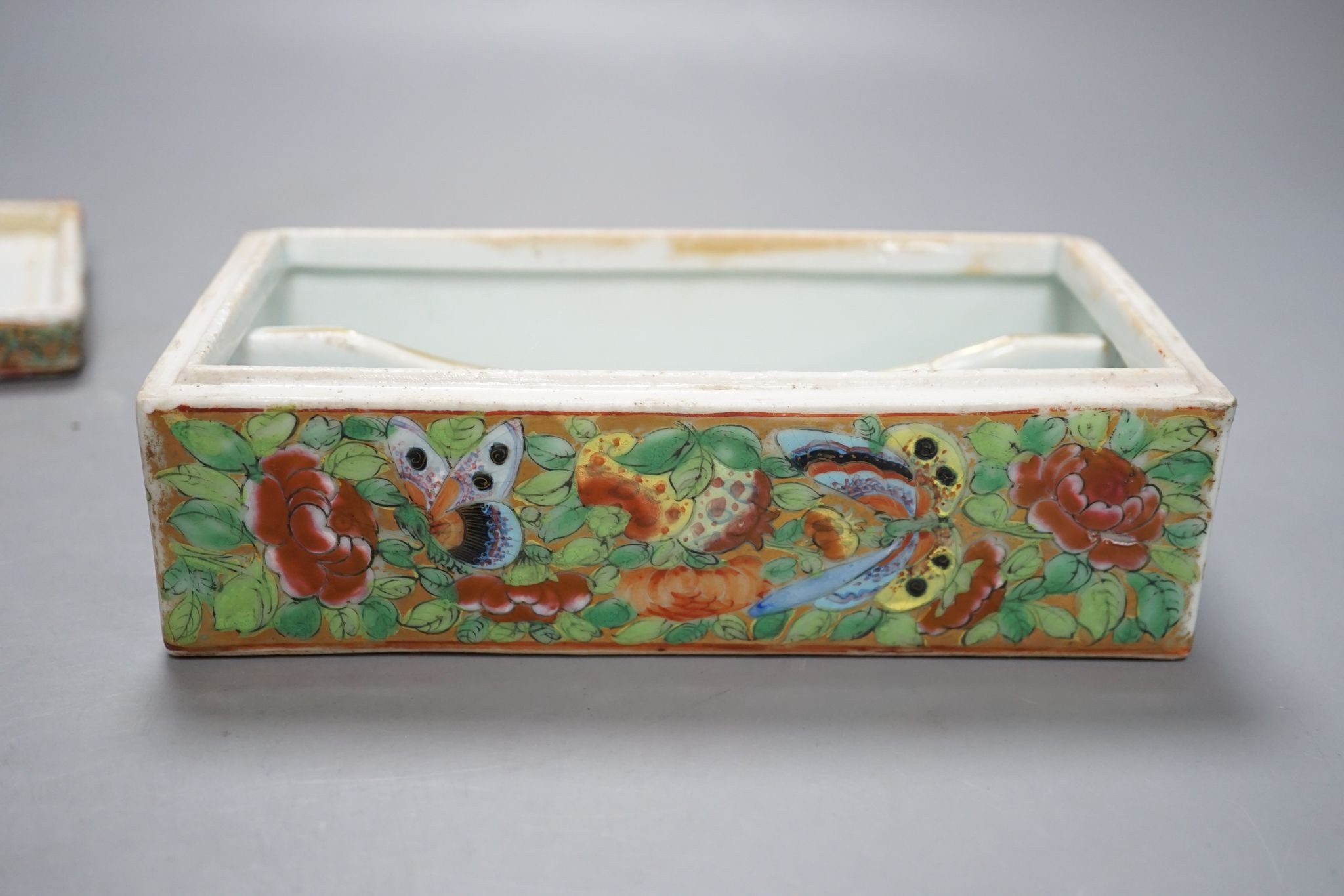 A Canton famille rose pen box, restored, 19cm